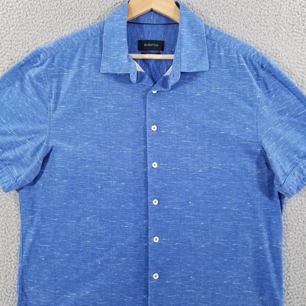 Bugatchi Shirt Mens XL Blue 8 Way Stretch Short Sleeve Button Up Casual Summer